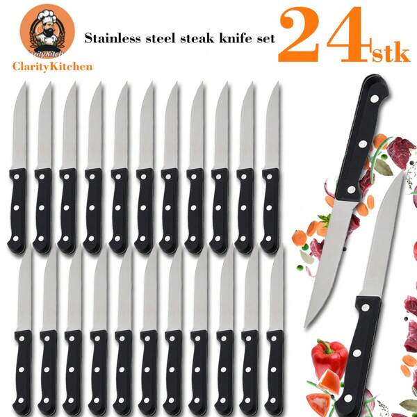 24-teiliges Steakmesserset aus silbernem Edelstahl, scharfe Zacken, angenehme Haptik, Nietenverstärkung, geeignet für Grill, Heimgebrauch, Restaurants, Hotels, sauber und leicht zu reinigen, spülmaschinenfest, ideale Wahl