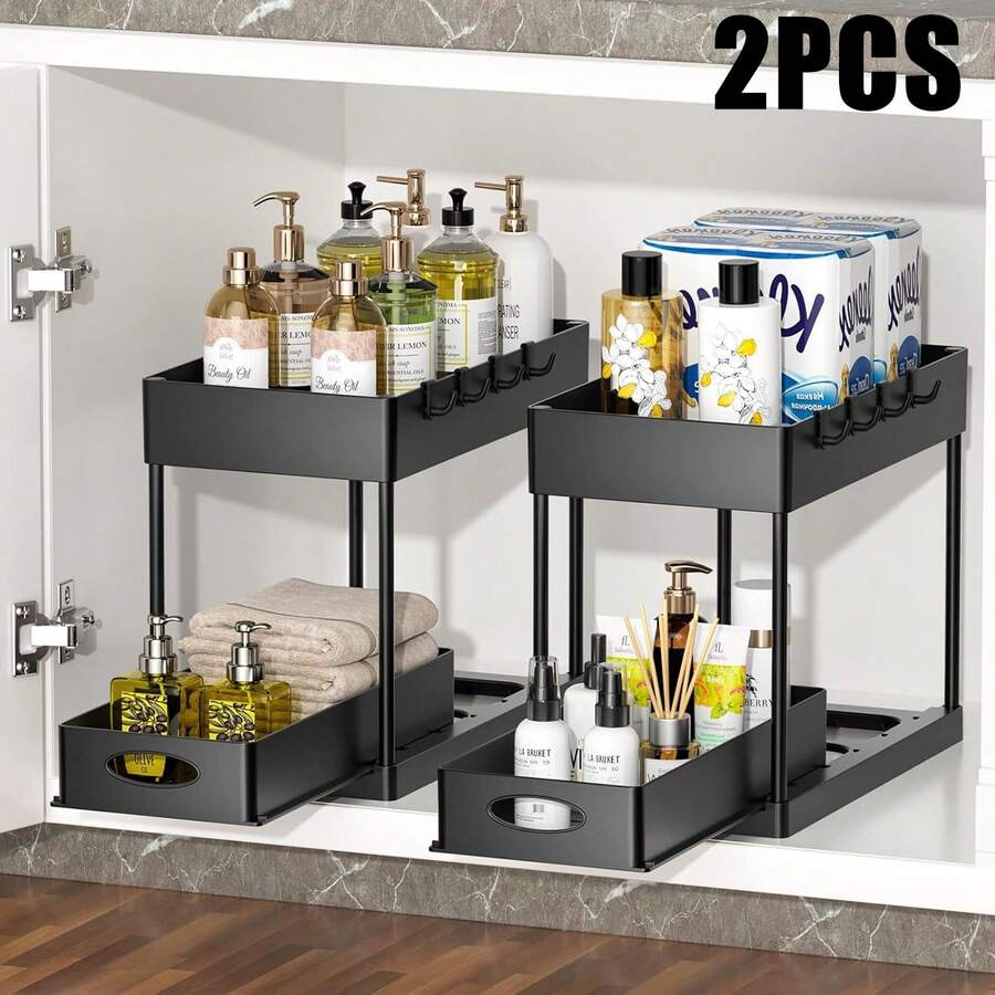 Sink-Under Storage Rack 2-Piece Set, Two-Tier Kitchen Cabinet Storage Rack, Double-Layer Sliding Cabinet Basket Storage Drawer, Multi-Functional Bathroom Collection Basket In Black, Suitable For Bathroom And Kitchen Countertop Storage Rack, Comes With 8 Hooks And 4 Baskets - 2 Black - View 1