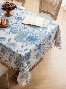 1 件蓝色花卉流苏桌布，复古风格，带流苏，涤纶纤维材质，可水洗，适用于床头柜、餐桌、咖啡桌、沙发套、农舍家居、家庭用餐、厨房、晚餐、派对、感恩节、秋季装饰、四季装饰 - 藍色 - 查看 15