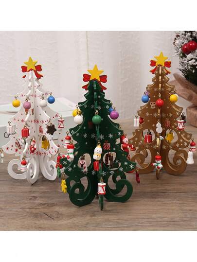 1pc Christmas Gift Wooden Christmas Tree Ornament, 6-Piece Tree With Small Hanging Decor