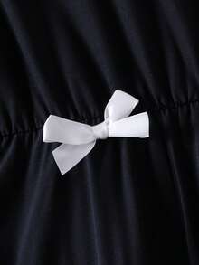 Girls' Solid Color Bow Long Sleeve Casual Dress, Spring/Autumn - Black - View 8