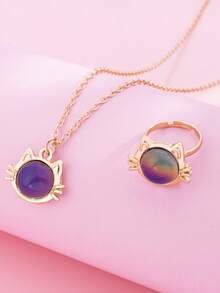 2pcs/Set Girls' Temperature Sensitive Color Changing Cat Unicorn Heart Pendant Necklace & Ring Jewelry Set, Gift For Girlfriend/Best Friend
