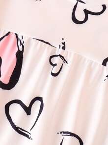 女童爱心图案睡裙，儿童休闲短袖荷叶边下摆家居服连衣裙，女童夏季睡衣，中长款，适合幼儿和小女孩 - 黑與白 - 查看 5