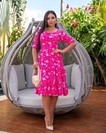 Floral All-Over Print Ruffle Hem Daily Garden