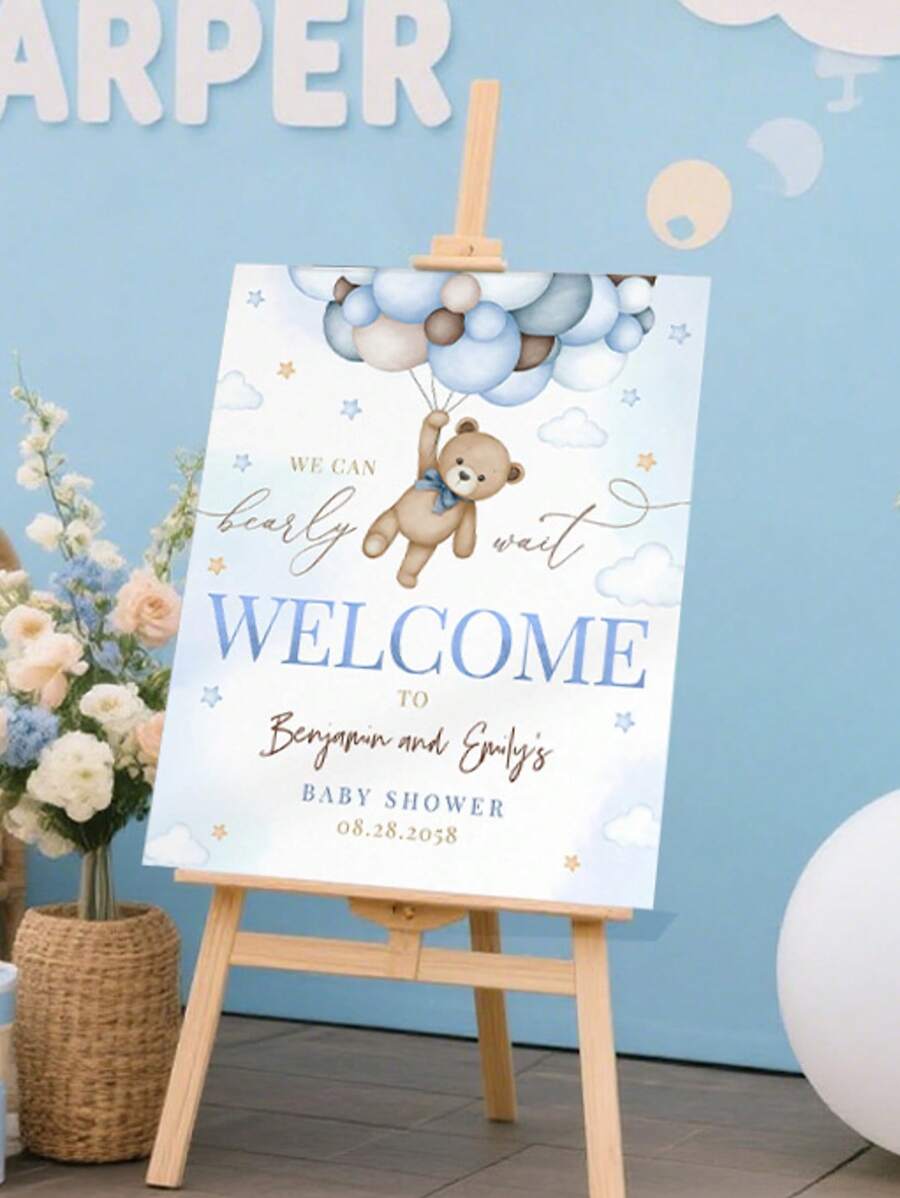 Custom Teddy Bear Welcome Sign - We Can't Wait! Baby Boy Welcome Party Decorations, Blue Pampas Grass Poster, Bohemian Hot Air Balloon Porch Decor - Editable, Frameless, Modern, Colorful, Cute (Canvas Only) - Multicolor - View 1
