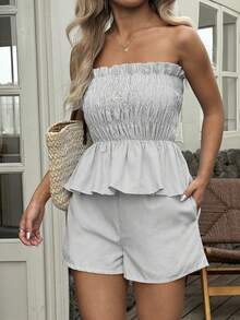 Vaiaye 女士夏季夏威夷波西米亚风热带海滩度假两件套——单肩条纹荷叶边简约日常抹胸上衣和短裤，完美适用于约会、下午茶、假期、音乐节和情人节。