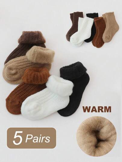 5 Pairs Baby & Kids Solid Color Thermal Lined Socks, Thick Warm Mid-Calf Socks, Multi-Color, Suitable For Autumn/Winter