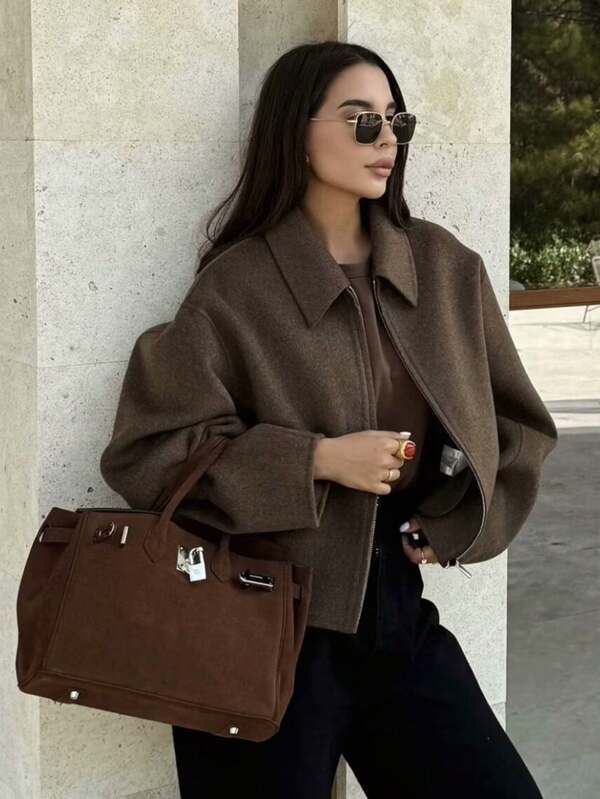 MUMRAP Casual Solid Zipper Turndown Collar Jacket Women's Vintage Loose Long Sleeve Coat