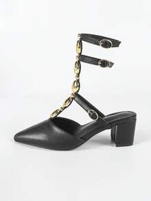 SOLE STORY Women's Black Leather Metal Double Ring Chain Decor Pointed Toe Low Vamp Ankle Strap 5.3cm Chunky Heel Sandals, Commuting Fashion Summer - Black - View 6