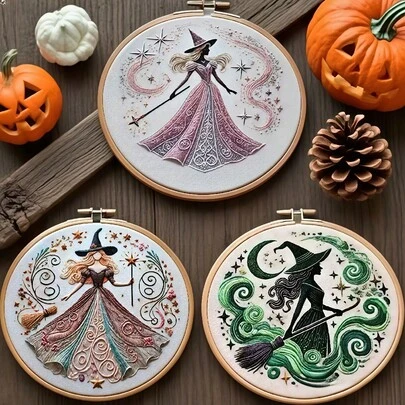 1 Set Halloween Witch Embroidery DIY Kit, Mysterious Witch Design, Halloween Home Decor, Unique Gift For Witch Embroidery Enthusiasts