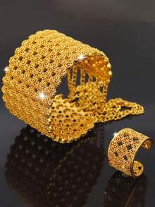 2 件 18K 镀金合金手链和戒指套装，时尚珠宝套装，适合婚礼、派对 - 金黃色 - 查看 11