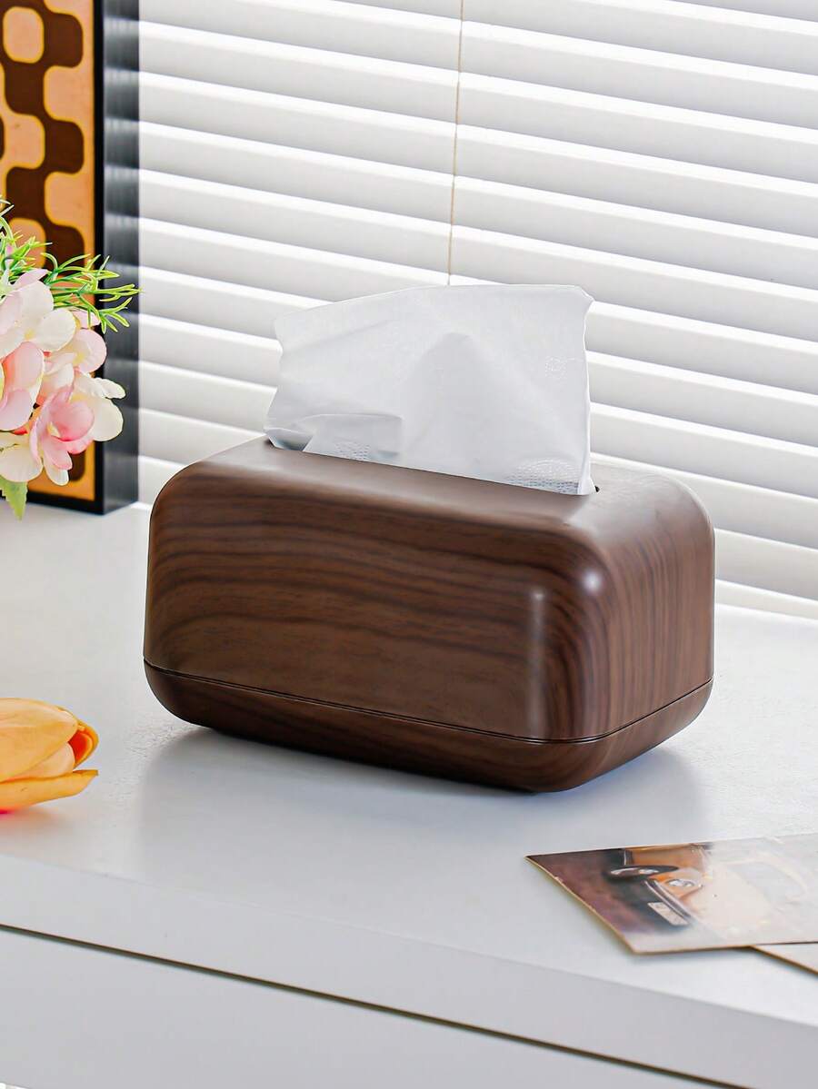 1pc Vintage Wood Grain Plastic Tissue Box - Fashionable Home Decor For Kitchen, Bedroom And Living Room, Brown Design, Elegant And Practical Decorative Piece
