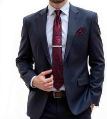Silk Floral Necktie Set With Tie Clip, Handkerchief & Cufflinks - Red Black - View 8