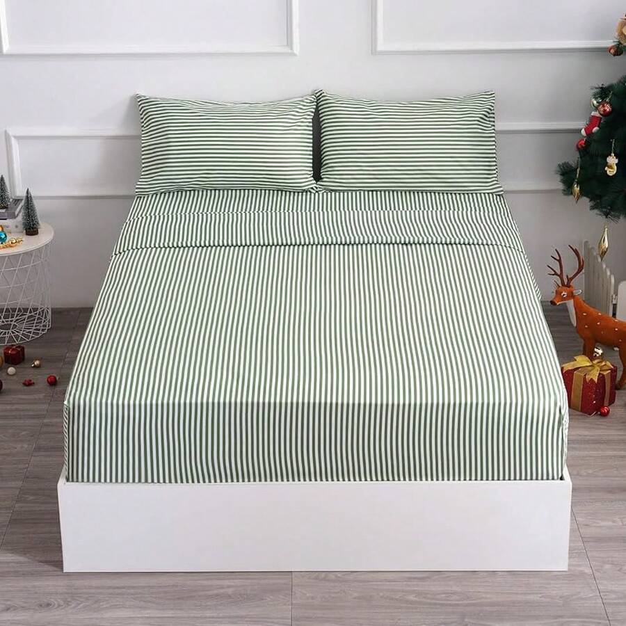 Best Season 4 Piece Bed Sheet Set - Full Size - Soft Microfiber Bedding Sheet Set, Deep Pocket, Stain, Fade & Wrinkle Resistant (Plaid Black & White), Luxury Comfortable - 條紋草綠色 - 查看 1