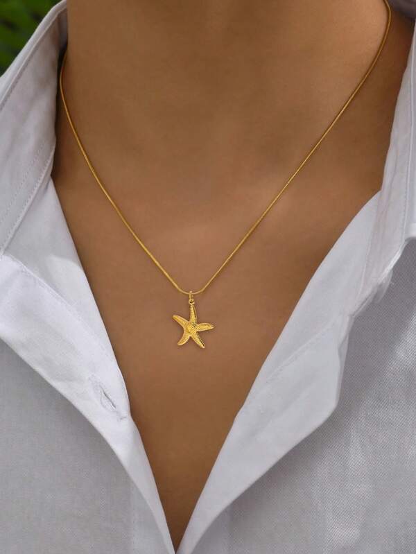 1 pieza Collar con colgante de estrella de mar de acero inoxidable vintage, estilo de playa de moda adecuado para mujer, para uso diario o de vacaciones