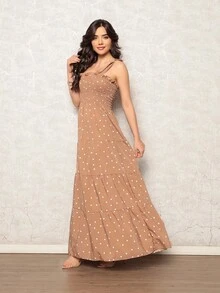 Long Dress With Elastic Straps / Crepe Polka Dot / 94% Polyester, 6% Elastane - 卡其色 - 查看 2