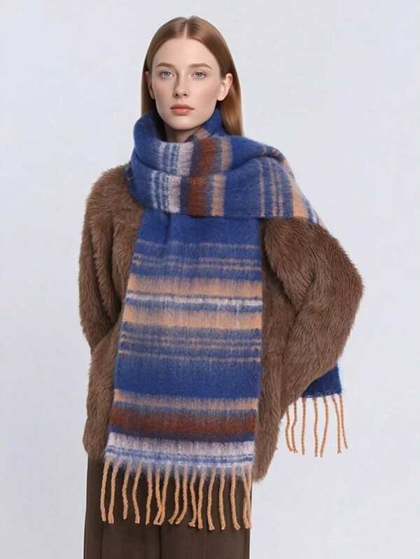1pc Women's Plaid Scarf, Thick & Warm Multi-Functional Faux Cashmere Scarf/Shawl/Neck Warmer, Suitable For Autumn/Winter, Casual Knit Fabric