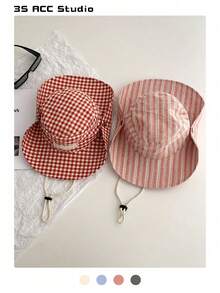 1 chiếc Mũ rộng vành có dây rút họa tiết kẻ caro tương phản vá víu cổ điển, Mũ chống nắng phong cách Boho mùa xuân/hè, Kiểu dáng đơn sắc tươi sáng, Mũ chống tia UV có dây buộc, Du lịch & Trở lại trường - Đầu phẳng cổ điển - Xem 13