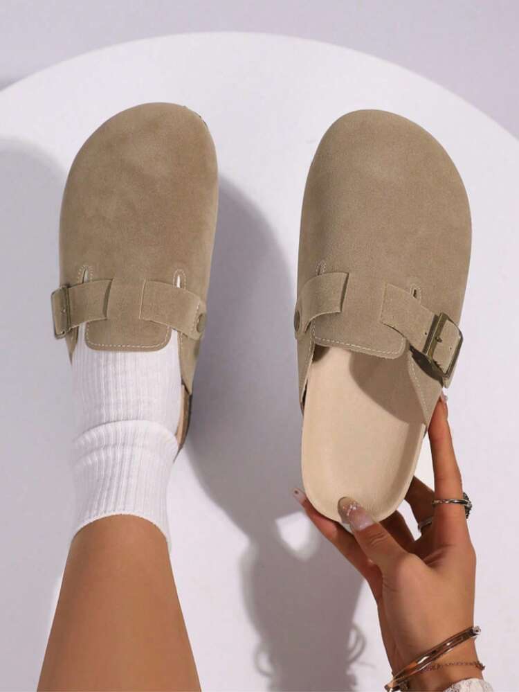 Livesso Chaussures femme Boken automne/hiver 2025 nouvelle grande taille, bout fermé, couleur unie, mode et polyvalente, boucle décorative, style mou, talon incliné, semelle épaisse, plates, mules - Kaki - Voir 7