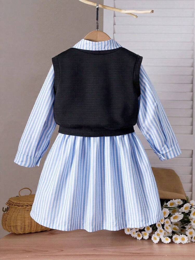 女孩秋季服装 - 极简针织背心开衫 + 蓝白条纹衬衫连衣裙套装，优雅蝴蝶印花学院风 - 藍白色 - 查看 7