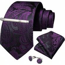 Silk Floral Necktie Set With Tie Clip, Handkerchief & Cufflinks - Paisley Ungu Tua - View 4