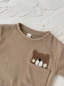 2 件套婴幼儿男女休闲熊刺绣长袖运动衫和熊印花长裤套装，春秋 - 杏色 - 查看 10