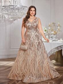 SUPGIR Plus Women's Elegant V-Neck Sleeveless Backless Slim-Fitting Sequin Ball Gown Maxi Evening Dress