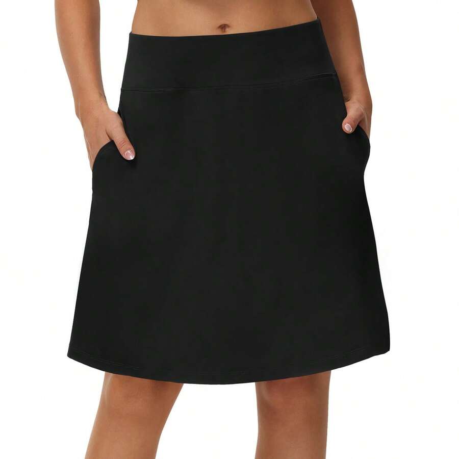 Woman Skorts Skirts With Multi Pockets High Waisted Golf Tennis Skirts Knee Length Long Skort For Women Drawstring Dressy Casual Summer Skirts - 黑色 - 查看 1