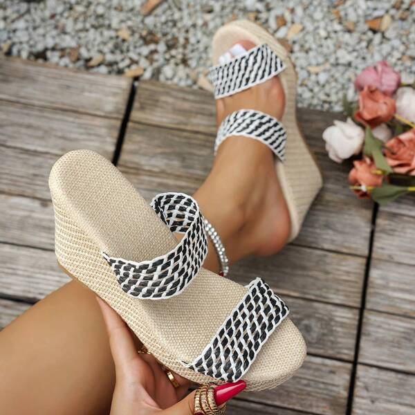 Women's Elegant Woven Decorative Platform Wedge Beach Sandals, Summer Woven Fabric Surface Open Toe Slip-On Ladies Thick Bottom Sandals