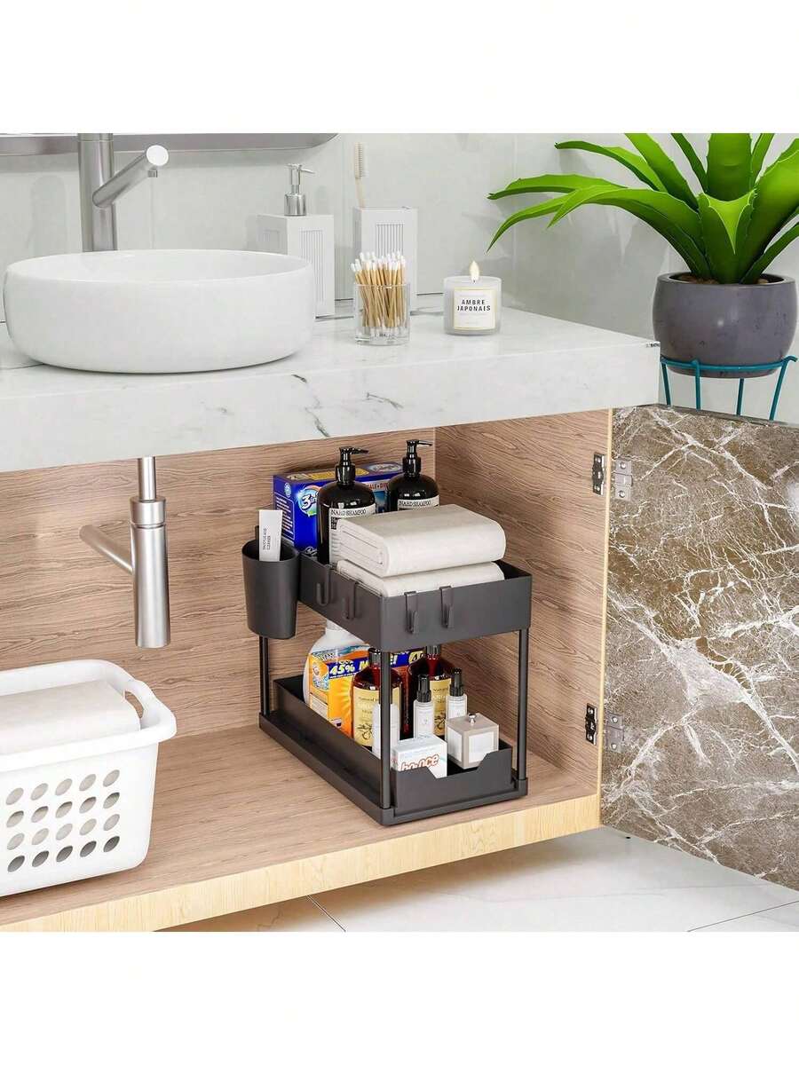 Organizador Cocina Bajo Fregadero De 2 Levels, Extraíble, With 4 Ganchos Para Colgar, Organizador Y Almacenamiento Para Debajo Del Fregadero, Estantería Deslizante De 2 Levels Para Baño Y Cocina - 滑輪 - 查看 1