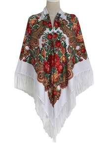 1 件女士复古红黑多色传统印花围巾、时尚披肩、温暖冬季流苏面料围巾、派对装饰奢华斗篷 - 彩色 - 查看 8