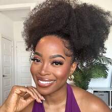 3 In 1 Half Wig | Afro Curly Flexible Fit Half Wig With Drawstring Natural Hairline Beginner Friendly Kinky Curly Glueless Wigs With Drawstring Seamless Put On Go Glueless Wig - Natural Black - 查看 3