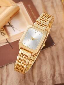 2pcs/Set Elegant Fashion Women's Square Steel Band Quartz Watch With Rhinestones, Petite Square Quartz Ladies Watch - Gold - View 4