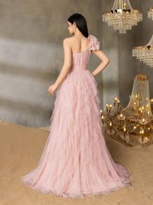 ALISA&LEO 少女单肩晚礼服，饰有荷叶边雪纺和花朵点缀——适合舞会、学校活动和庆典的正式礼服 - 粉色 - 查看 2