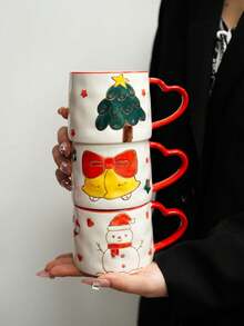 1 件圣诞陶瓷杯，欧洲节日图案礼品咖啡杯，带雪花和圣诞树的可爱少女陶瓷杯，心形创意手绘咖啡杯，圣诞礼物 - 彩色 - 查看 8