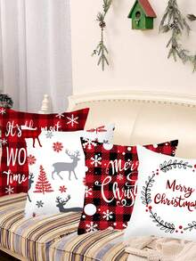 4 件套圣诞装饰枕套，红黑格子圣诞树驯鹿图案靠垫套，圣诞快乐派对装饰，圣诞客厅卧室装饰枕套，圣诞床椅沙发装饰沙发套，圣诞家居装饰，房间装饰，2026 新年装饰，圣诞装饰，圣诞礼物 - 紅色聖誕主題 - 查看 3