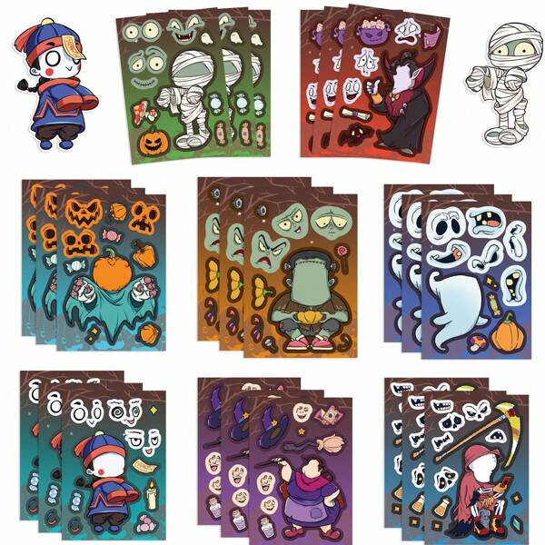 8 Halloween-puzzelstickers - Maak een gezicht, matte afwerking, zelfklevend, PVC, onregelmatige vorm, Engelstalig, eenmalig gebruik, voor doe-het-zelf-plakboeken, laptops, computers, telefoons, gitaren en bagagedecoratie | Halloween-cadeau