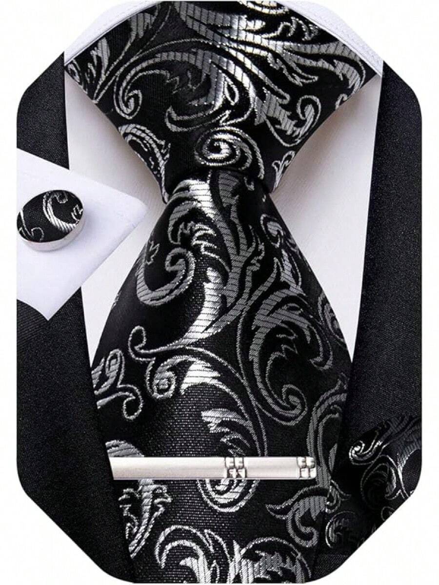 Conjunto de corbata de seda con estampado floral, incluye pinza de corbata, pañuelo y gemelos - Negro y plata - Ver 1