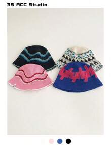 1 件复古提花针织渔夫帽，适合女士，春夏季，百搭，小脸框架渔夫帽，粉色条纹撞色手工秋季配饰