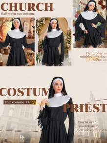 1件/3件 - 成人修女服装套装，女士圣女牧师角色扮演服装头饰套装，修女服装采用优质透气氨纶和涤纶制成，弹性佳，柔软舒适，易于穿戴。此外，服装轻盈，不会给您带来沉重的负担，可长期穿着。万圣节 - 彩色 - 查看 5
