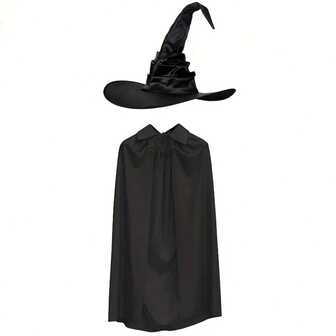 1 st Halloween-häxa med cape och hatt, svart polyestercape med spetsig hatt, vampyr- och Reaper-kostym, kappa i ett lager, ingen elektricitet behövs, för temafester och evenemang
