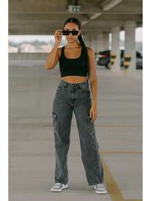 calça feminina wide leg do  10 ao 16 preta com bolso cargo - Cinza Claro - Visão 1