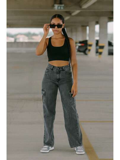 calça feminina wide leg do  10 ao 16 preta com bolso cargo