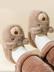 1 Pair Baby Cartoon Thermal Lined Flat Heel Casual Shoes, Suitable For Autumn/Winter - Khaki - View 3