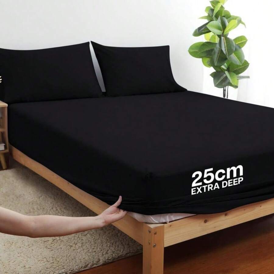 Extra Deep Premium Microfiber Fitted Sheets - 25cm & 40cm Options, Ultra Soft Wrinkle-Free Elastic - Black - View 1