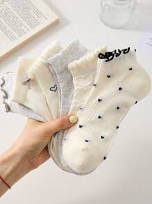 4 双黑白女士荷叶边甜美休闲洛丽塔芭蕾风格踝袜，图案：心形、蝴蝶结，优雅短袜，适合所有季节，随机发货 - 白色 - 查看 6