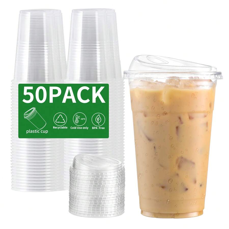 12oz,16oz,20oz,24oz  PET Material Transparent Cups For Refrigeration And Freezing (With Straw Opening And Lid), 50 Sets Of Cylindrical Disposable Cups, With A Design Suitable For Sipping, Perfect For Making Smoothies, Milkshakes And Cold Drinks. Ideal For Weddings, Parties And Various Gatherings. - Clear - View 1