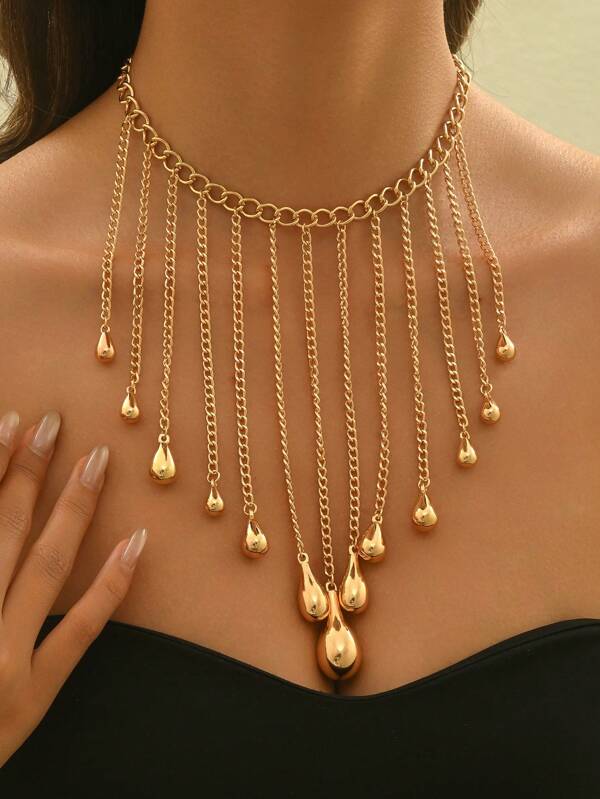 1pc Unique Tassel Pendant Teardrop Sphere Pendant Necklace With Metallic Beads, Long Style For Women