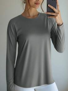 Women's Solid Color Round Neck Raglan Sleeve Open Hem Sports T-Shirt - Dark Grey - View 5