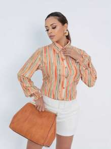 Women's Orange Striped Long Sleeve Shirt With Collar And Buttons, Elegant For Casual Or Work Look